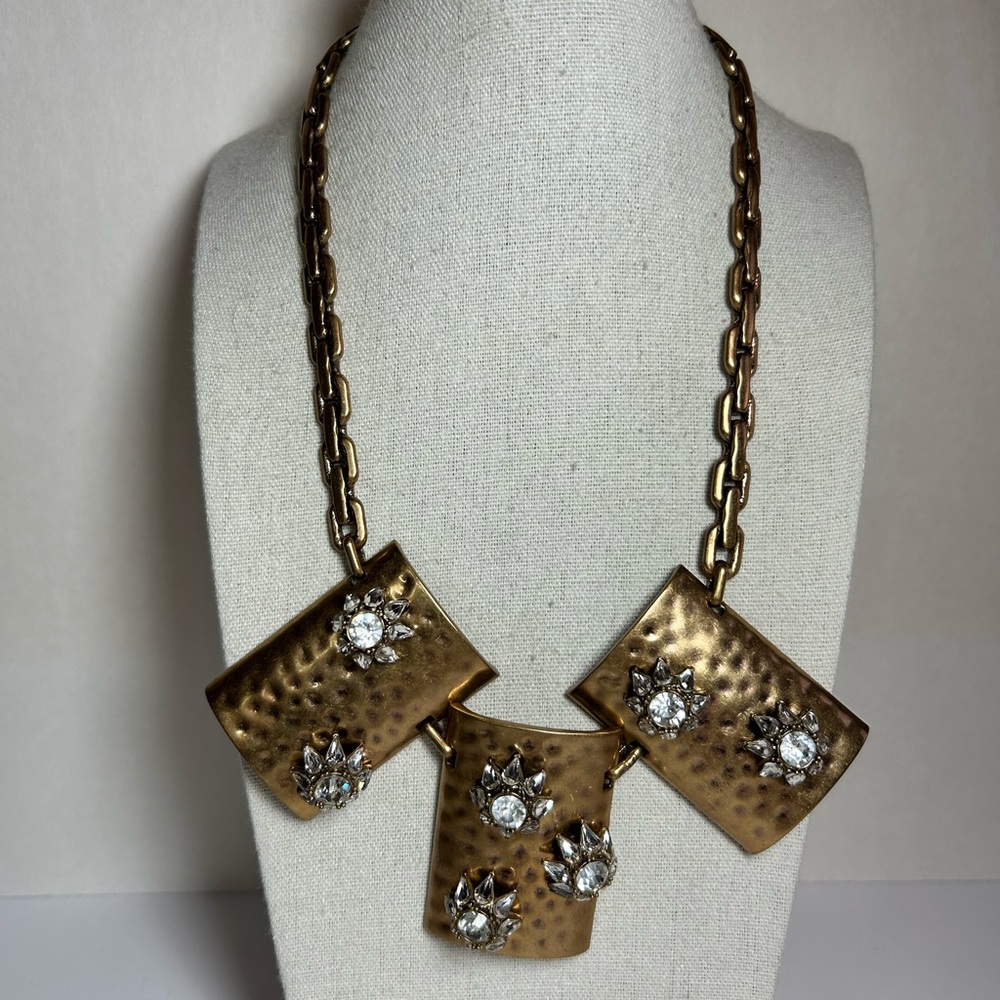 J. Crew Vintage Rare NEW Flower rhinestone statement satin hammer gold necklace